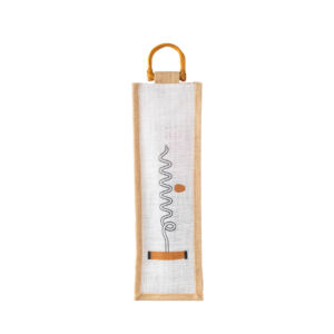 White Burlap Wine Bag with Wooden Handle