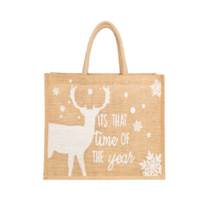 White Reindeer Reusable Christmas Burlap Tote Bag