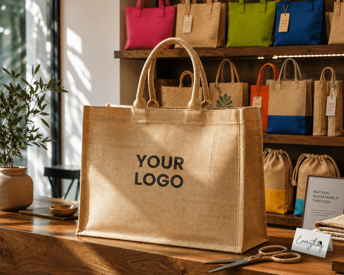 Custom Natural Jute Tote Bag on counter